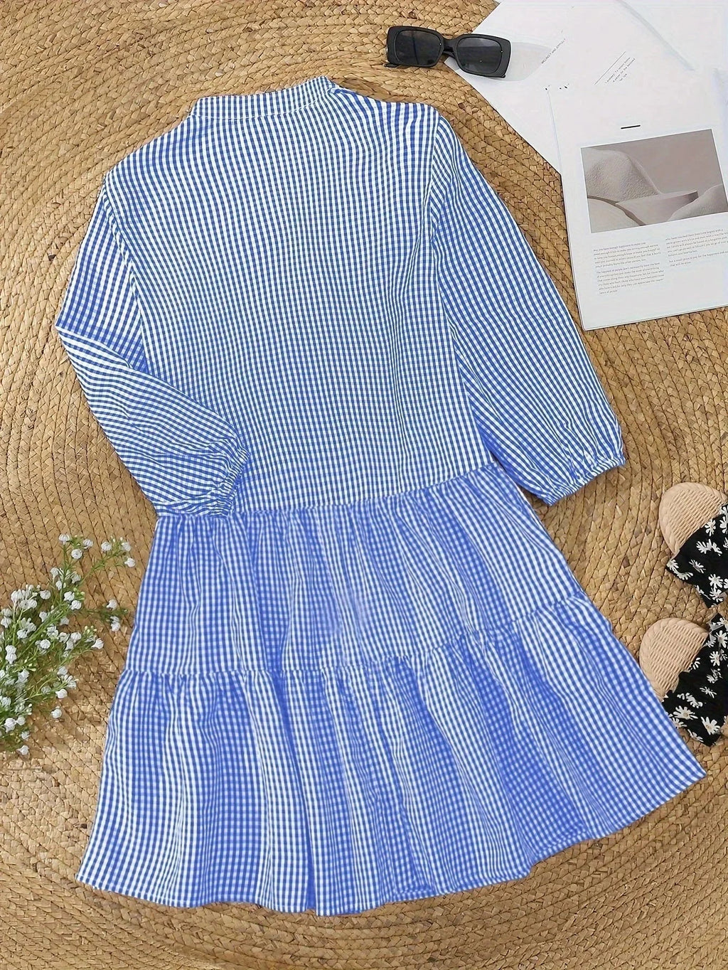 Short Checked Dress for Women with 3/4 Sleeves and Buttoned Collar