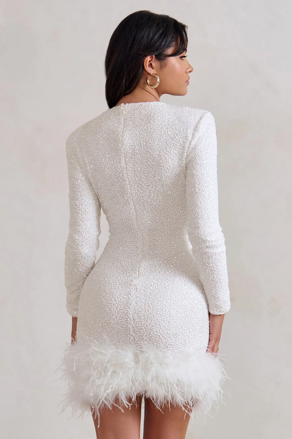 Short Evening Dress for Women with Feather Hem and Long Sleeves
