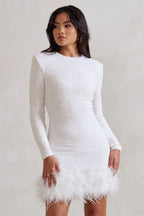 Short Evening Dress for Women with Feather Hem and Long Sleeves