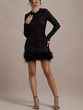 Short Evening Dress for Women with Feather Hem and Long Sleeves