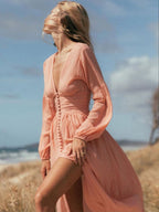Women's A-Line V-Neck Midi Dress with Pleated Skirt