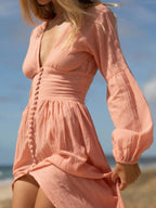 Women's A-Line V-Neck Midi Dress with Pleated Skirt