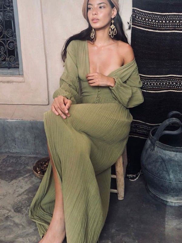 Women's A-Line V-Neck Midi Dress with Pleated Skirt
