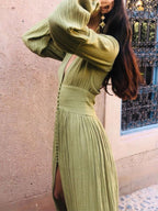 Women's A-Line V-Neck Midi Dress with Pleated Skirt