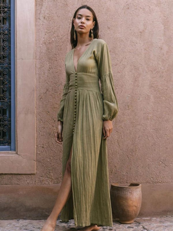 Women's A-Line V-Neck Midi Dress with Pleated Skirt