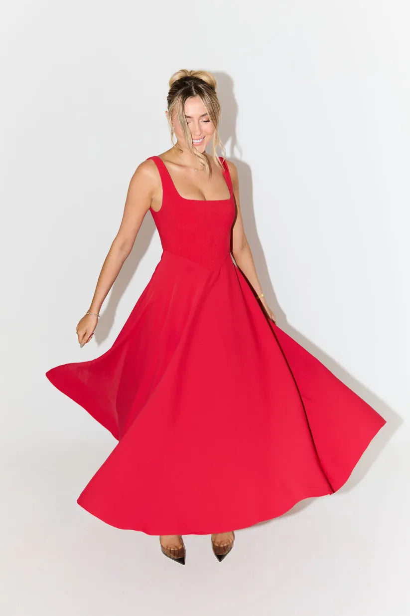 Midi Dress with Square Neckline and High Waist