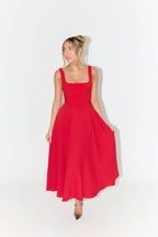 Midi Dress with Square Neckline and High Waist