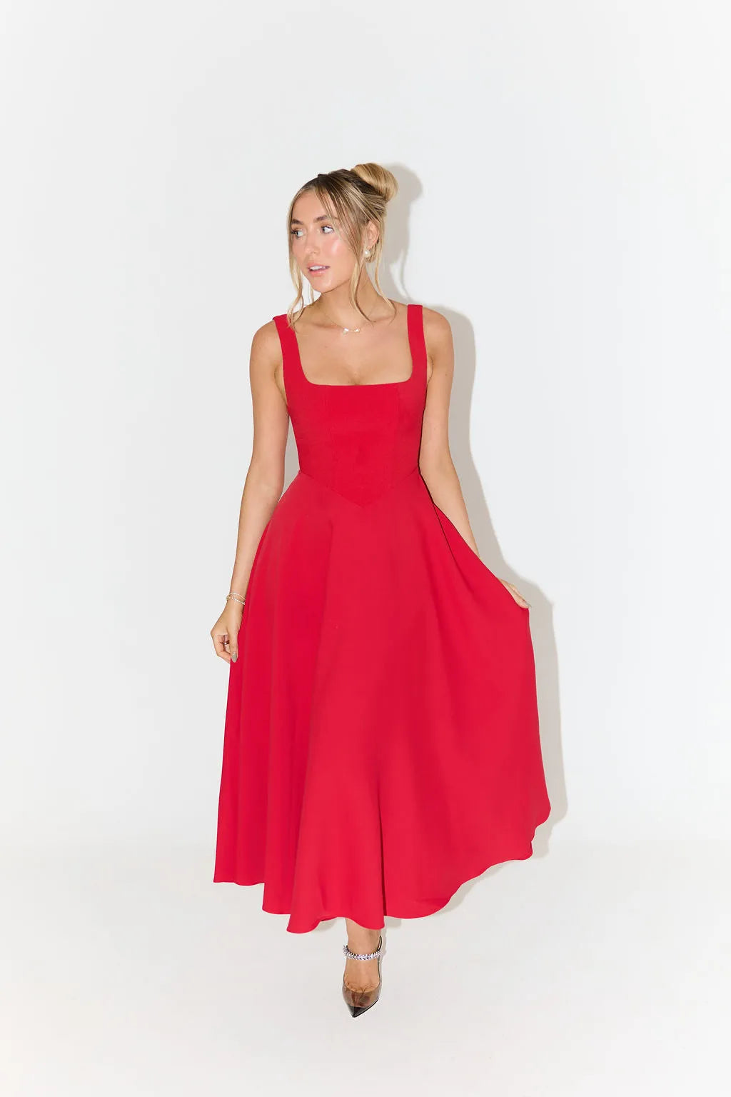 Midi Dress with Square Neckline and High Waist
