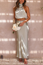 Women’s Halter-Neck Two-Piece Set – Cropped Top and Skirt