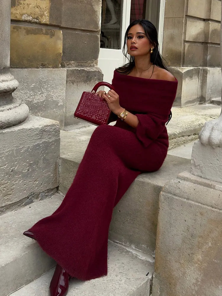 Women's Off-Shoulder Pleated Maxi Dress - Rib-Knit Evening Gown