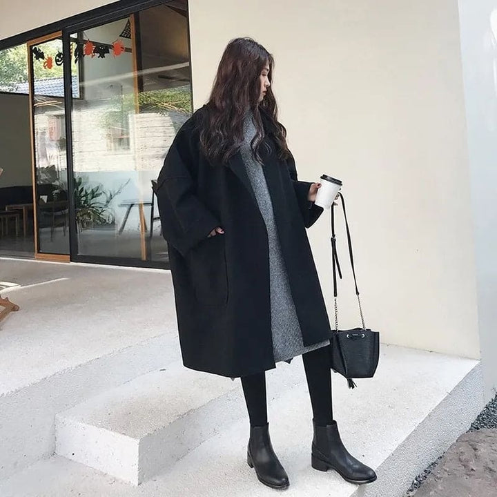 Lange oversized wollen jas met ceintuur