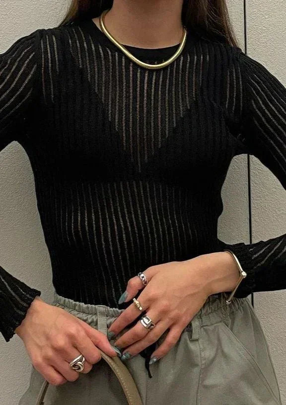 Women's Transparent Ribbed Knit Jumper in Casual Style