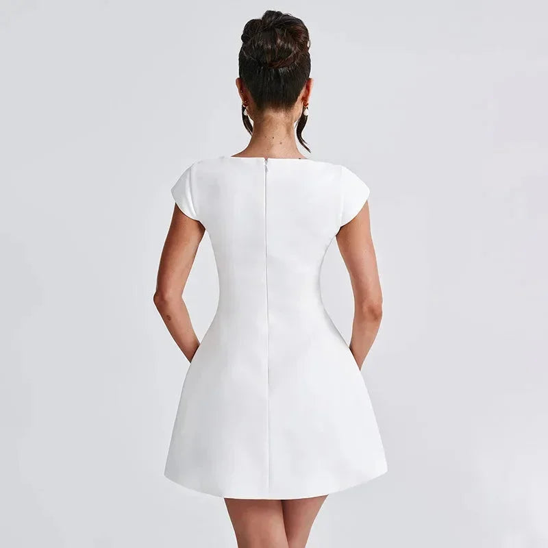 Short White Evening Dress for Women with Square Neckline