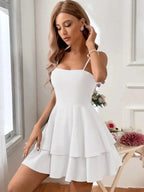 Short Women's Ruffle Dress with Adjustable Straps