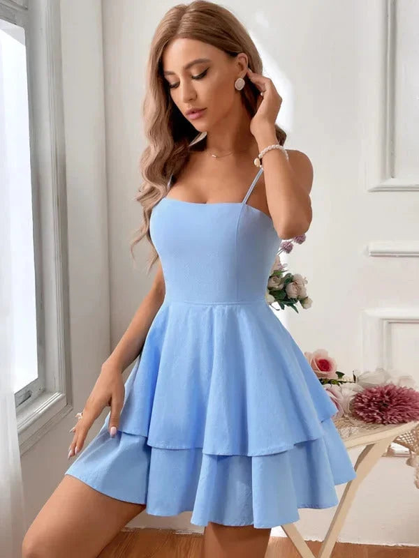Short Women's Ruffle Dress with Adjustable Straps