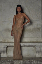 Beige Sparkling Strapless Pleated Evening Maxi Dress