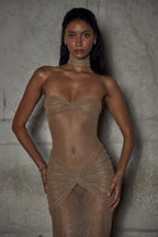 Beige Sparkling Strapless Pleated Evening Maxi Dress