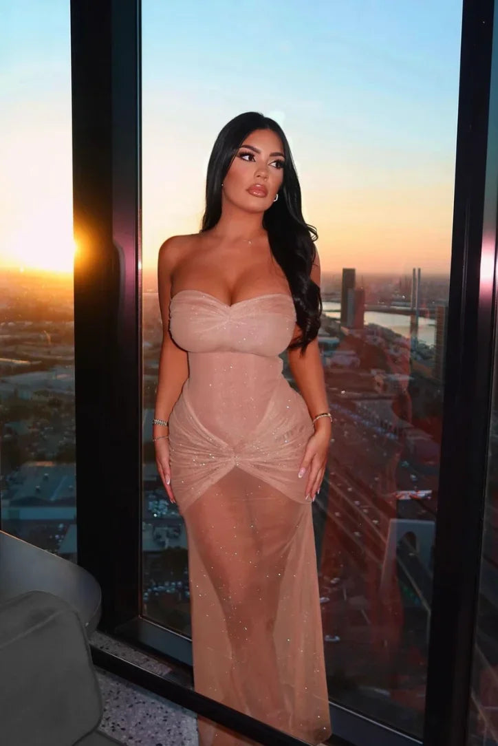 Beige Sparkling Strapless Pleated Evening Maxi Dress