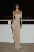 Beige Sparkling Strapless Pleated Evening Maxi Dress
