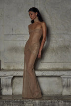 Beige Sparkling Strapless Pleated Evening Maxi Dress