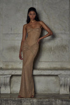 Beige Sparkling Strapless Pleated Evening Maxi Dress