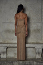 Beige Sparkling Strapless Pleated Evening Maxi Dress