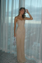 Beige Sparkling Strapless Pleated Evening Maxi Dress