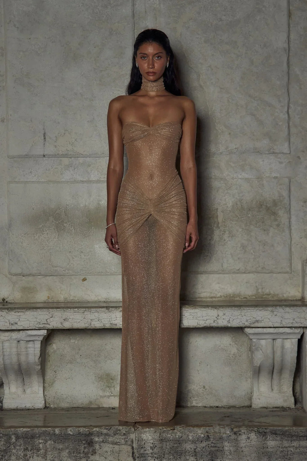 Beige Sparkling Strapless Pleated Evening Maxi Dress
