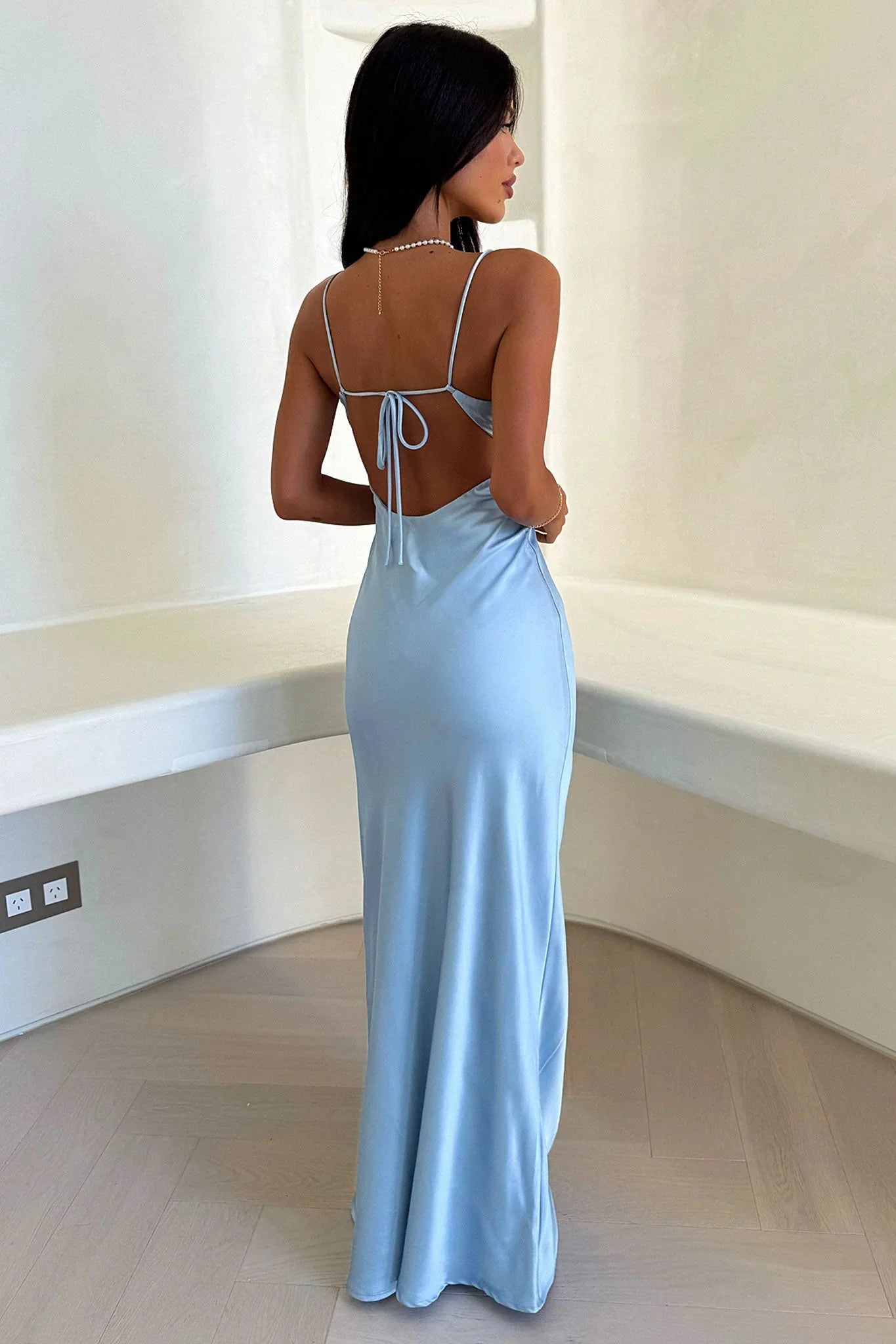 Sky blue long dress with thin straps