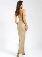 Sparkly Gold Strapless Long Dress with Straight Neckline