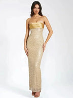 Sparkly Gold Strapless Long Dress with Straight Neckline