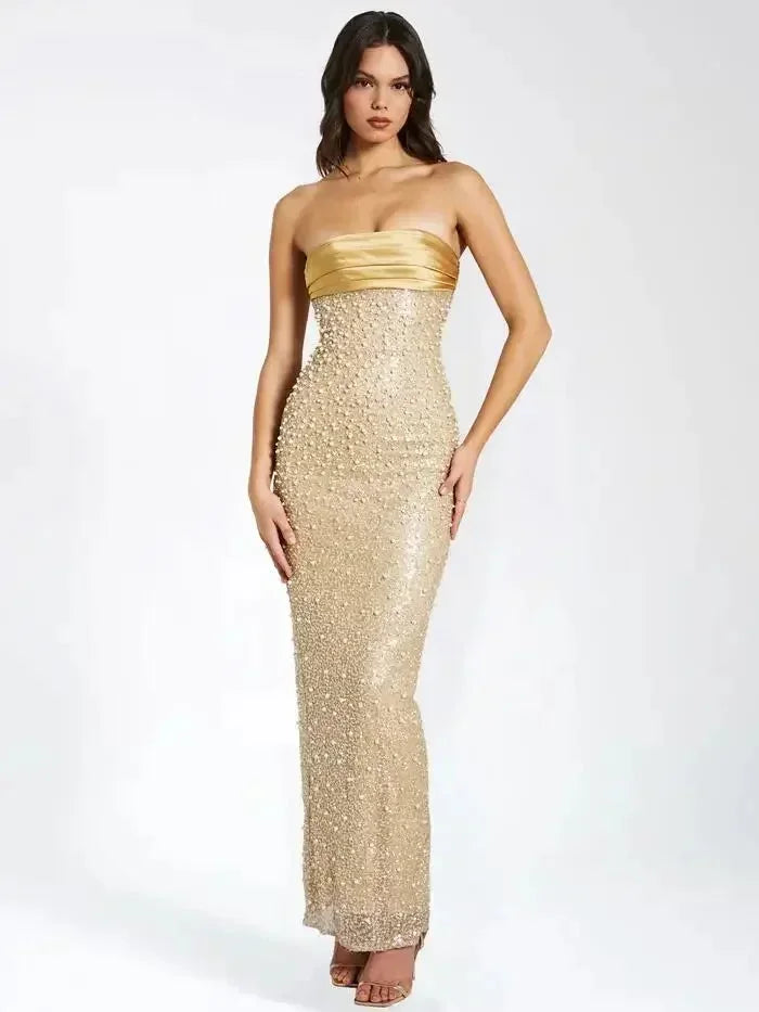 Sparkly Gold Strapless Long Dress with Straight Neckline
