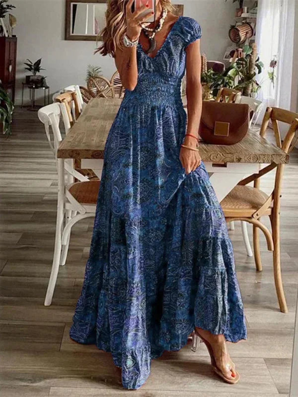 Bohemian Long Women's Dress with Ruffles and V-Neck