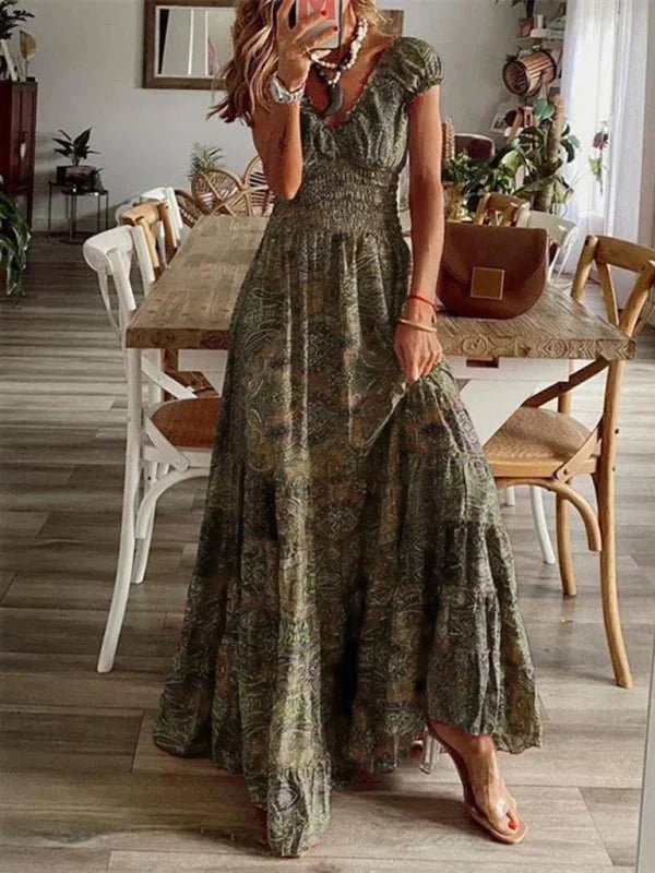 Bohemian Long Women's Dress with Ruffles and V-Neck