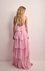 Long Pink Dress with Halter Neck and Floral Ruffles