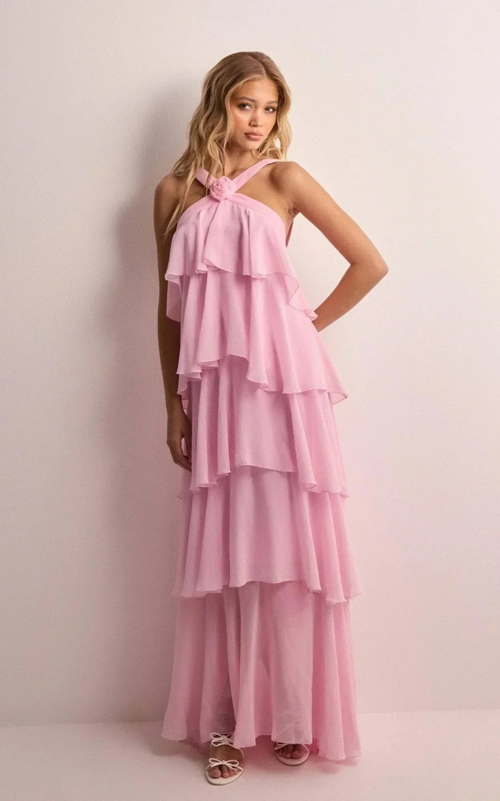 Long Pink Dress with Halter Neck and Floral Ruffles