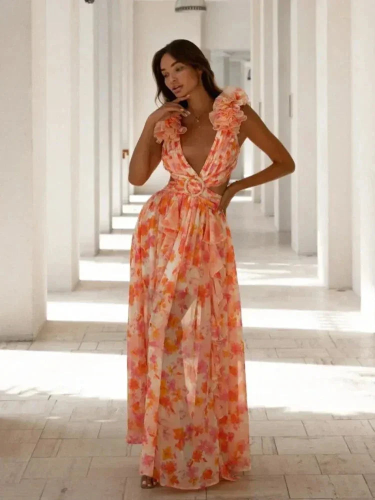 Long Pink Floral Ruffled V-Neck Wrap Dress