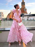 Long Pink Floral Ruffled V-Neck Wrap Dress