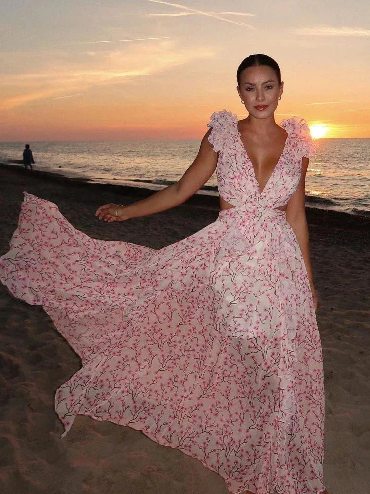 Long Pink Floral Ruffled V-Neck Wrap Dress
