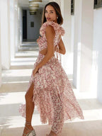 Long Pink Floral Ruffled V-Neck Wrap Dress