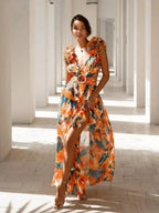 Long Pink Floral Ruffled V-Neck Wrap Dress