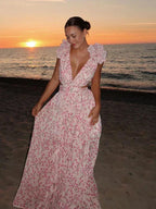 Long Pink Floral Ruffled V-Neck Wrap Dress