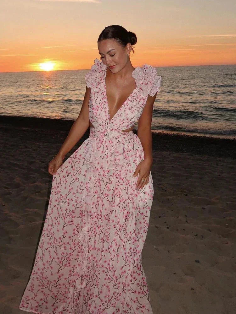 Long Pink Floral Ruffled V-Neck Wrap Dress
