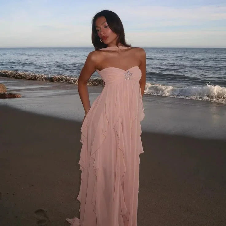 Strapless Long Dress for Women with Floral Details