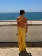 Long Satin Dress with Thin Straps and Open Back for Women