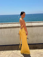 Long Satin Dress with Thin Straps and Open Back for Women