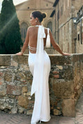 Long White Dress for Women with Open Back and Bow