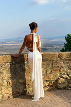 Long White Dress for Women with Open Back and Bow