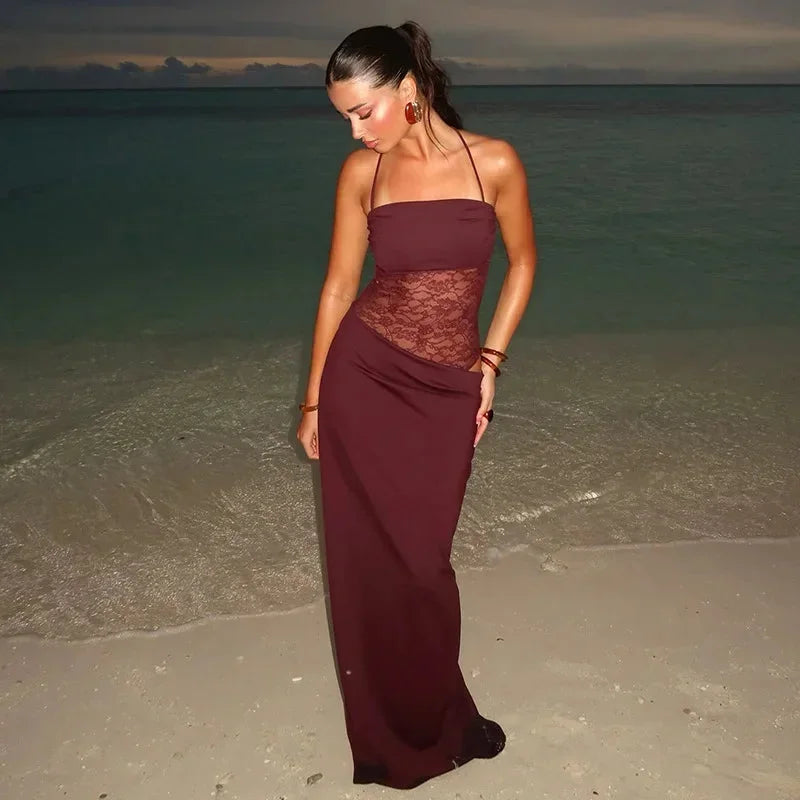 Long Women's Dress with Lace Detail and Backless Design