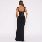 Long Women's Dress with Lace Detail and Backless Design